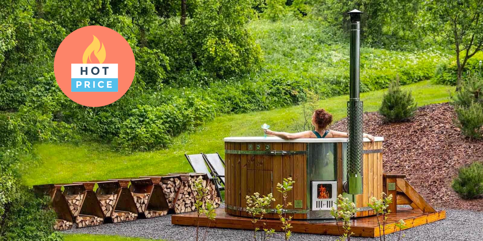 A woman relaxing in a high-quality wood-fired hot tub.